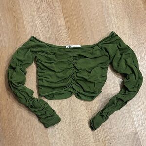 Zara Olive Off-Shoulder Ruched Crop Top